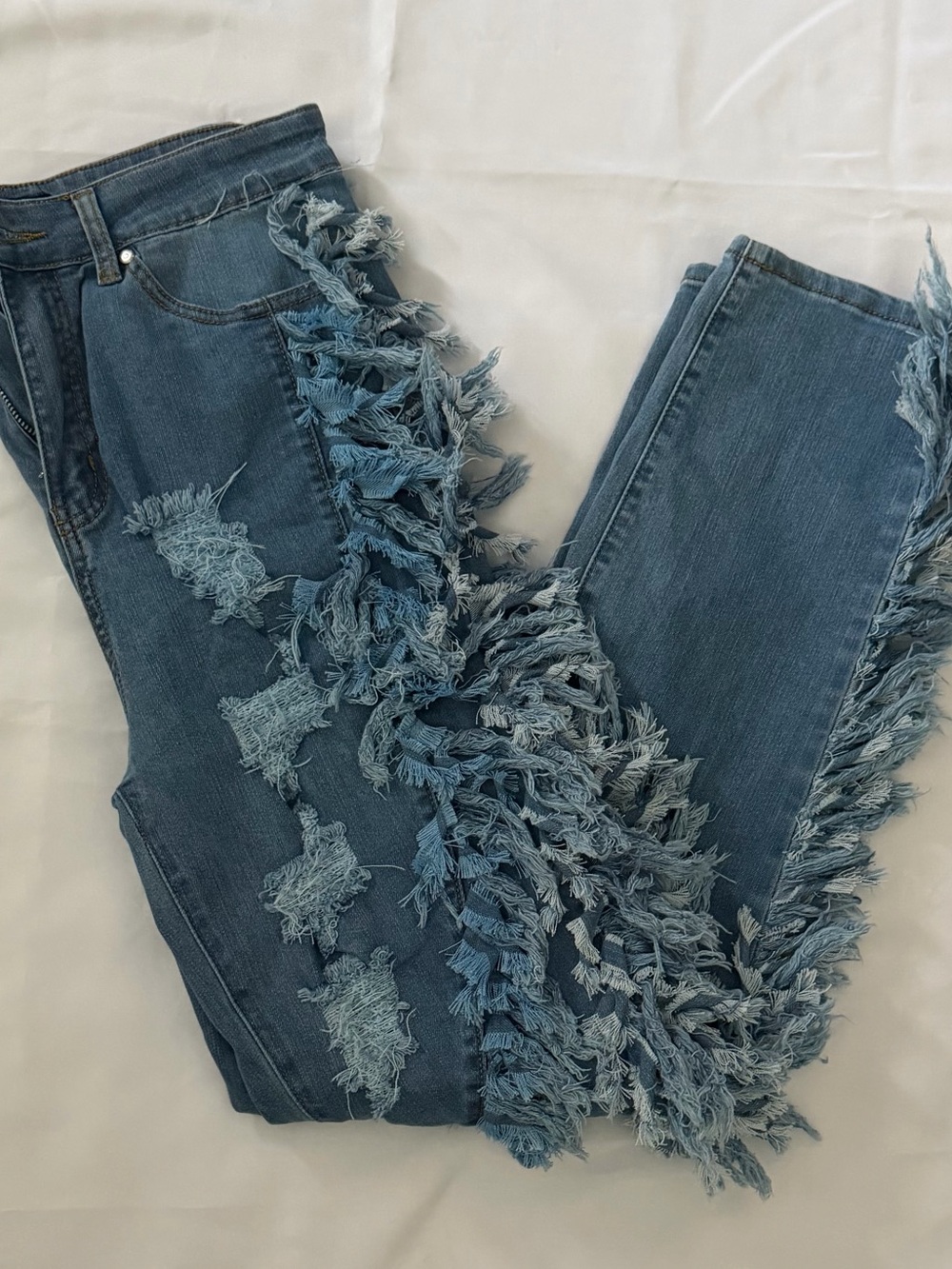 Fringed Distressed Straight-Leg Jeans - Blue